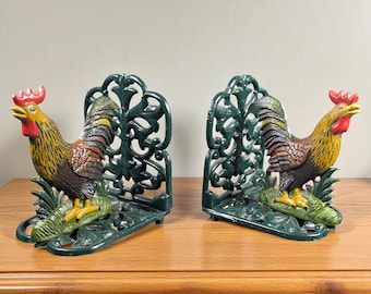 Vintage Cast Iron Rooster Bookends – Farmhouse Rustic Decor 1920s–1950s