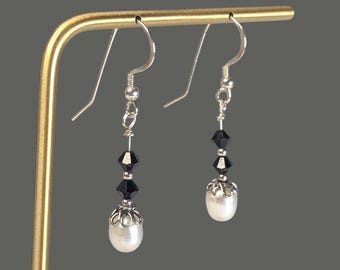 Vintage Freshwater Pearl Earrings in Sterling silver with black crystal accents