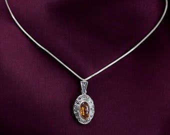 Vintage Natural Amber & Marcasite Sterling Silver Pendant Necklace