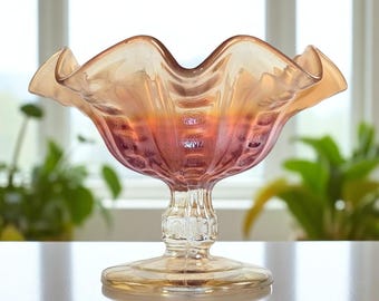 Antique Dugan Marigold Coin Spot Carnival Glass Compote – Circa 1905–1912 – Ruffled Edge Iridescent Pedestal Bowl