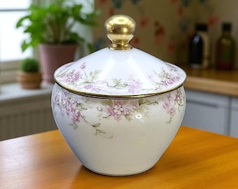 Early 1900s Haviland & Co. Limoges Covered Sugar Bowl – Pink Floral Transfer with Gilt Trim – French Porcelain