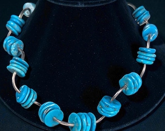 Vintage Sterling Silver & Natural Turquoise Disc Necklace 16 Inch Collar