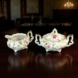 Vintage Lefton China Chintz Creamer & Covered Sugar Set – Pink Rose Floral, Made in Japan, 1950s