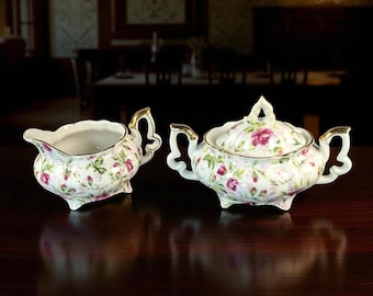 Vintage Lefton China Chintz Creamer & Covered Sugar Set – Pink Rose Floral, Made in Japan, 1950s
