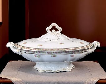 Antique Mercer Semi Vitreous Lidded Oval Serving Dish – Handled Tureen – Shabby Chic Floral Pattern – Victorian Era Ceramic – 11" Long