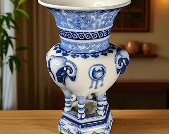 Vintage Chinese Blue and White Porcelain Gu Vase – Archaistic Ram’s Head Design – Hexagonal Openwork Pedestal Base