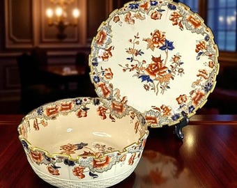 Antique Copeland Spode Imari Serving Set – 1890 Plate & Bowl, Pattern 2017, English Transferware, Scalloped Edge, Basketweave Bowl