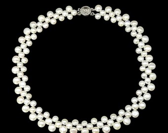 Vintage 3-Row Freshwater Pearl Collar Necklace – 16 Inches with 14k Gold-Filled Starburst Box Clasp