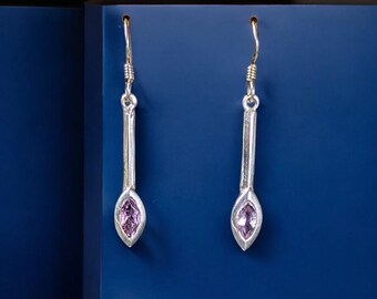 Vintage Sterling Silver Dangle Earrings with Marquise Amethyst – Modern Minimalist Drop Earrings – February Birthstone Jewelry