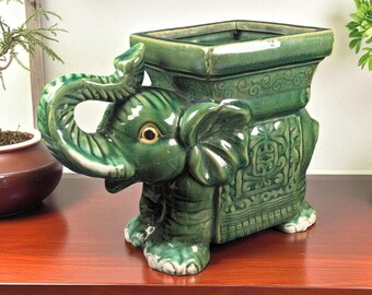 Mid Century Chinese Green Glazed Elephant Planter – Vintage Ceramic Elephant Pot with Crackle Glaze