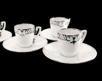 Antique Lenox Belleek set of 4 Demitasse Cups and Saucers, sterling silver overlay
