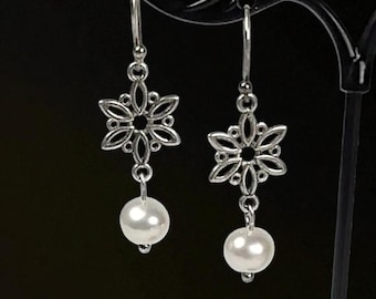 Elegant Art Nouveau Floral Sterling Silver Earrings with Freshwater Pearl Dangles - Vintage Inspired