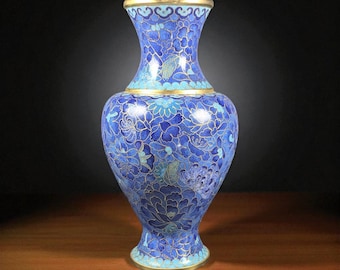 Mid-Century Chinese Cloisonné Vase: Deep Blue Chrysanthemum Floral, 10 Inch