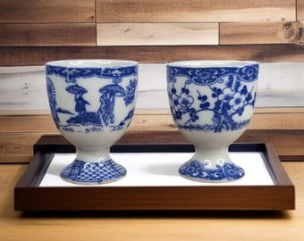 Vintage Porcelain Japanese Egg Cups, mixed pair Cherry Blossom and Geisha Ware, Excellent Condition
