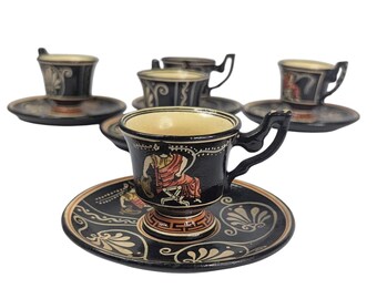Vintage Demitasse Greek Coffee Cup and Saucer - Hand Painted Dionysus - 1 available
