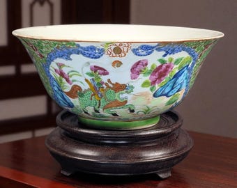 Rare Early–Mid 19th Century Chinese Export Transitional Canton and Rose Medallion Porcelain Bowl with Mythical Beasts & Stand – 6.75"