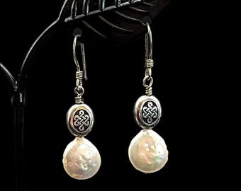 Sterling Silver Coin Pearl Celtic Knot Dangle Earrings