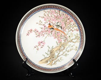 Vintage Intricate Hand Decorated ZPC Chinese Export Plate - Birds on Tree with Cherry Blossoms -  1940s China