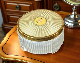 Vintage Satin Glass Powder Jar with Guilloché-Style Lid – 3.5" Vanity Trinket Box – Art Deco Style