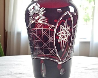 Antique Cranberry Cut to Clear Glass Vase – 7" Bohemian Floral & Geometric Star Design – Hand-Cut Crystal Ruby Flash – Early 20th Century
