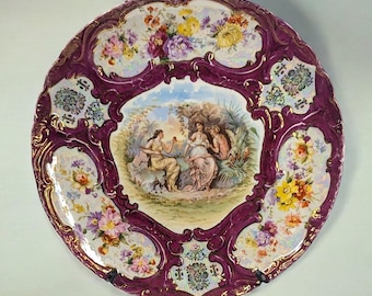 Antique Victoria Carlsbad Austria Charger Plate, Carl Larson artwork transfer "Ruby" with hand painted Details and Gold Gilt 1891-1918