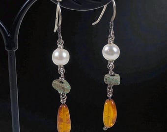 Vintage Amber Pearl and Green Turquoise Drop Earrings in Sterling Silver