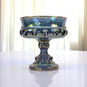 Vintage Indiana Glass Carnival Glass Compote: Blue Iridescent King's Crown Pattern