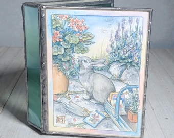 Green Slag Glass Jewelry Box w Kim Jacobs Prints Curious Bunny & Wisteria Arbor