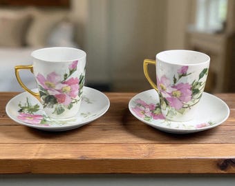 Antique W.G. & Co. Limoges Chocolate Cup and Saucer Set: Hand-Painted Floral Demitasse, Gold Handles