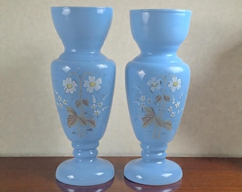 Victorian Sky Blue Opaline Glass Vase Pair, Floral Enamel, c. 1880–1900