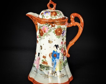 Antique Japanese Hand Painted Kutani Chocolate Pot, 19th Century -Garden Scene with Golden Gilt Butterflies - signed
