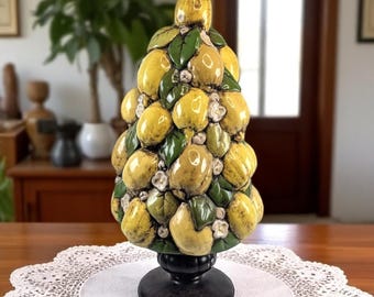 Vintage Ceramic Lemon Tree Topiary – 15.5" Tall – Hand-Glazed Fruit Sculpture on Faux Wood Pedestal – Signed JW 1974