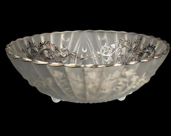 Vintage Anchor Hocking Oyster Pearl Bubble Clear Frosted Glass Footed Bowl -  Sterling silver Art Nouveau Deco Interior Overlay - 1960's