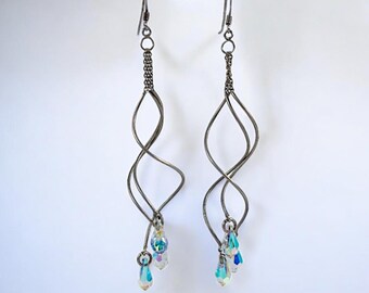 Vintage Sterling Silver Aurora Borealis Dangle Earrings – Long Twisted Drop Earrings – 1980s Statement Jewelry