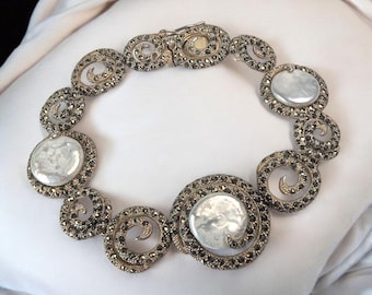 Judith Jack Vintage Marcasite Bracelet – Gold Vermeil over Sterling Silver with Coin Pearls – 7.5” Designer Statement Jewelry
