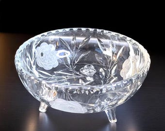 Antique Pressed Cut Glass Footed Bowl – Leaded Glass Bowl – Floral & Starburst Design – Early 20th Century – 8" Wide