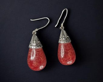 Statement Vintage Red Coral Dangle Earrings - Sterling Silver 925