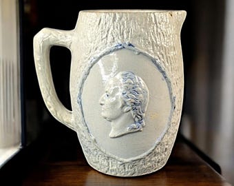 Antique Patriotic Stoneware Jug– George Washington & Spirit of '76 Scene – Late 19th Century Commemorative Jug– Textured Salt-Glazed Pitcher