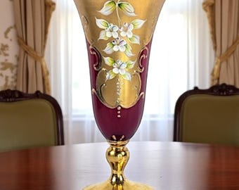 Bohemian Cranberry Glass Vase – Hand Painted Enamel & Gilt – Cadmium Glass c. 1885–1910 – Antique Czech Art Glass Floral Goblet