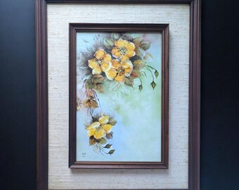 Vintage 1981 Hand-Painted Ceramic Plaque – Signed Ne Nae – Framed Floral Art