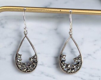 Vintage Sterling Silver and Marcasite Dangle Avant Garde Teardrop Earrings