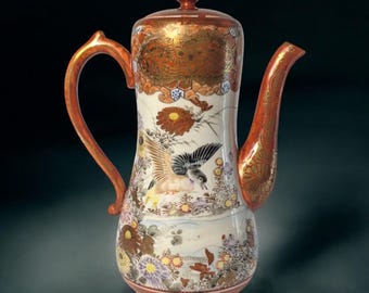 Antique Japanese Kutani Imari Chocolate Pot – Hand-Painted, Gilded, Signed, 8.5” Meiji