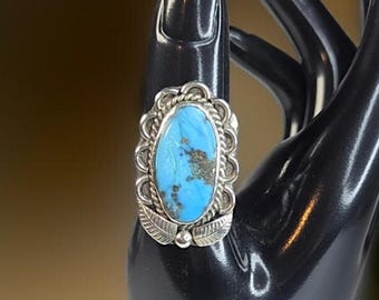 Vintage Sterling Silver Turquoise Ring, Southwestern Style, Natural Oval Stone, Size 6