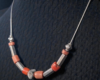Vintage Sterling Silver & Natural Coral Slide Bead Necklace, 16 Inch