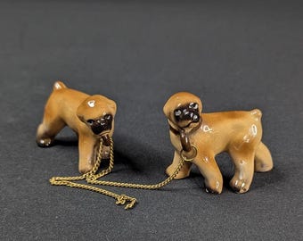 Vintage Ceramic Pug Dog Boxer Puppy Figurines With Gold Chain Leashed