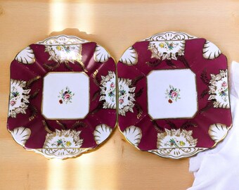 Pair of Antique Samuel Radford Handled Cake Plates – Pattern 7226 – Burgundy & Floral with Gilded Detail – 10" English Porcelain – c.1890s