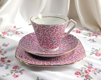 Vintage C&E England Chintz Tea Trio – Bone China Teacups, Saucers and Square Cookie Plate – Pink Floral Pattern with Gold Trim