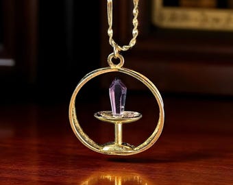 Amethyst Dagger Pendant Necklace – Gold Vermeil over Sterling – Double Circle Design – Danecraft Italy 22" Chain – Gothic Revival