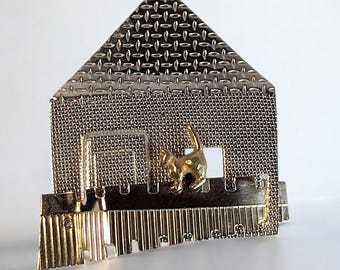 Vintage Kathleen Doyle & Tom Reardon KDTR Modernist Artisan House and Cat Sterling Silver and Brass Brooch