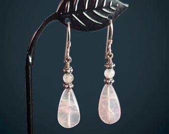 Sterling Silver Rose Quartz Drop Earrings – Vintage Gemstone Dangle Jewelry